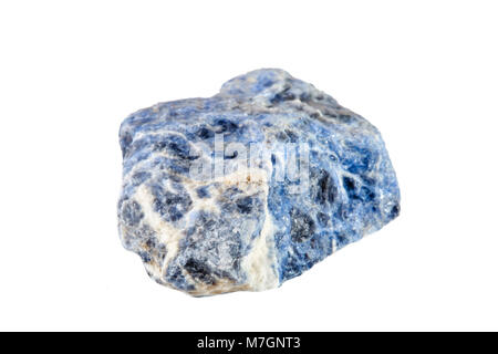 Macro shooting of natural gemstone. Raw mineral sodalite, South Africa. Isolated object on a white background. Stock Photo
