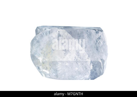 Macro shooting of natural gemstone. The raw mineral is calcite. Isolated object on a white background. Stock Photo