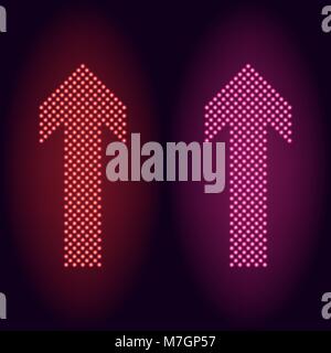 Red and pink neon dot arrow. Vector illustration of long neon arrow consisting of many dots with backlight on the dark background Stock Vector
