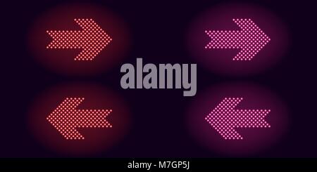 Red and pink neon dot arrow. Vector illustration of short neon arrow consisting of many dots with backlight on the dark background Stock Vector