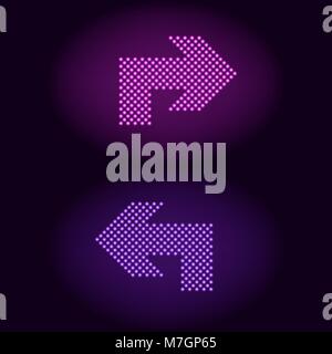 Purple and violet neon dot arrow. Vector illustration of turning neon arrow consisting of many dots with backlight on the dark background Stock Vector