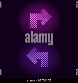 Purple and violet neon arrow with rings. Vector illustration of turning neon arrow consisting of many rings with backlight on the dark background Stock Vector