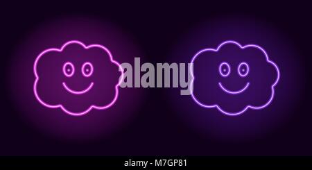 Purple and violet neon cloud with smile. Vector illustration of neon cloud consisting of outline, with backlight on the dark background Stock Vector