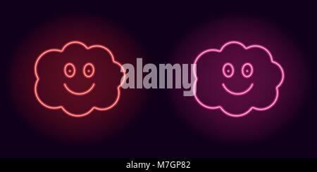 Red and pink neon cloud with smile. Vector illustration of neon cloud consisting of outline, with backlight on the dark background Stock Vector