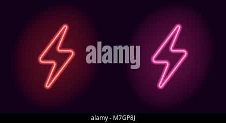 Red and pink neon electric sign. Vector illustration of neon charge symbol consisting of outline, with backlight on the dark background Stock Vector
