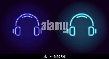 Blue and light-blue neon headphones. Vector illustration of neon music headphone consisting of outlines, with backlight on the dark background Stock Vector