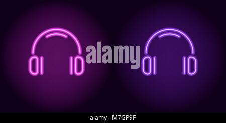 Purple and violet neon headphones. Vector illustration of neon music headphone consisting of outlines, with backlight on the dark background Stock Vector