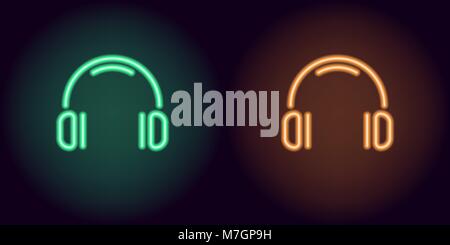 Green and orange neon headphones. Vector illustration of neon music headphone consisting of outlines, with backlight on the dark background Stock Vector