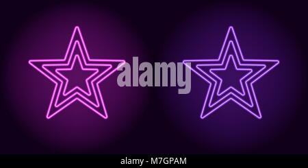 Neon purple and violet star. Vector illustration of neon star consisting of three outlines, with backlight on the dark background Stock Vector