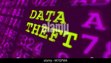 Cyber attack and computer security warnings - data theft - green words and numbers on ultraviolet background. Data safety and digital technology in vi Stock Photo