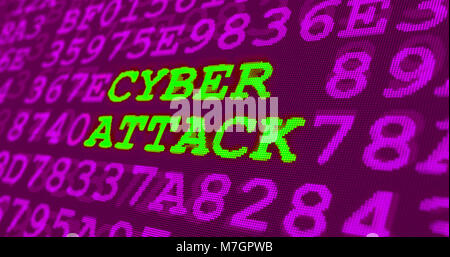 Cyber attack and computer security warnings - cyber attack - green words and numbers on ultraviolet background. Data safety and digital technology in  Stock Photo