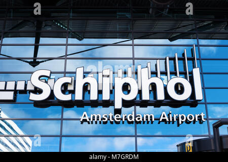 Amsterdam, Netherlands, April 18, 2017: Entrance to Amsterdam Airport Schiphol Netherlands. Amsterdam Airport Schiphol is largest main airport, intern Stock Photo