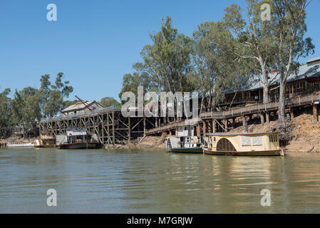 Paddle Steamers moored at the historic Port of Echuca on the Murray River. In the 1870's Echuca was Australia's largest inland port. Stock Photo