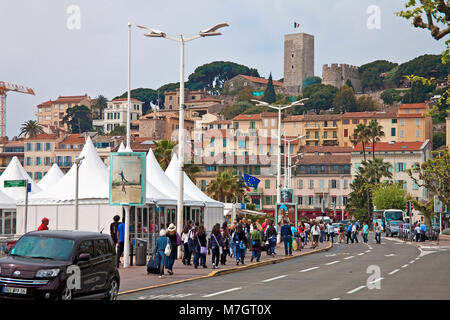 Pavilions at La Croisette close the old harbour, behind old town Le Suquet with Mont Chevalier tower, Cannes, french riviera, South France, France, Eu