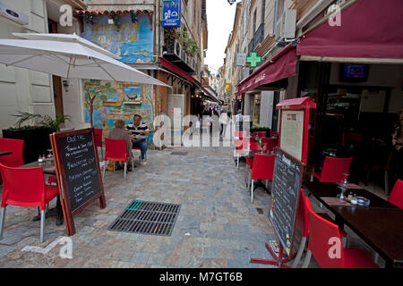 Romantic street restaurants and street cafes at old town Le Suquet, Cannes, french riviera, South France, France, Europe Stock Photo