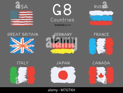 G8 USA Canada France Germany Italy Japan Russia Great Britain hand drawing flag icon set on gray background. Great 8 country banner backdrop Stock Vector