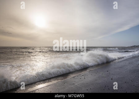 Stormy seas at Felpham promenade seafront near Bognor Regis, West Sussex, UK. Storm Eleanor hit the UK on the 3rd and 4th January, 2018. Stock Photo