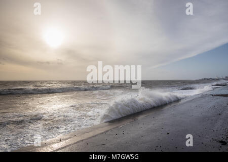 Stormy seas at Felpham promenade seafront near Bognor Regis, West Sussex, UK. Storm Eleanor hit the UK on the 3rd and 4th January, 2018. Stock Photo