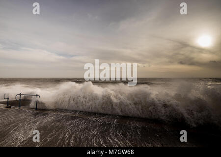 Stormy seas at Felpham promenade seafront near Bognor Regis, West Sussex, UK. Storm Eleanor hit the UK on the 3rd and 4th January, 2018. Stock Photo