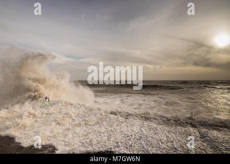 Stormy seas at Felpham promenade seafront near Bognor Regis, West Sussex, UK. Storm Eleanor hit the UK on the 3rd and 4th January, 2018. Stock Photo