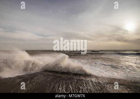 Stormy seas at Felpham promenade seafront near Bognor Regis, West Sussex, UK. Storm Eleanor hit the UK on the 3rd and 4th January, 2018. Stock Photo