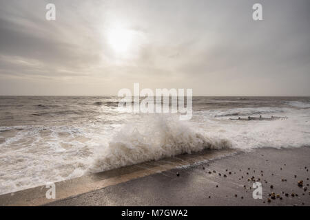 Stormy seas at Felpham promenade seafront near Bognor Regis, West Sussex, UK. Storm Eleanor hit the UK on the 3rd and 4th January, 2018. Stock Photo