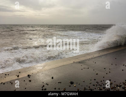 Stormy seas at Felpham promenade seafront near Bognor Regis, West Sussex, UK. Storm Eleanor hit the UK on the 3rd and 4th January, 2018. Stock Photo