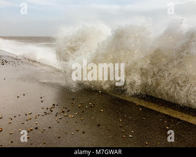 Stormy seas at Felpham promenade seafront near Bognor Regis, West Sussex, UK. Storm Eleanor hit the UK on the 3rd and 4th January, 2018. Stock Photo