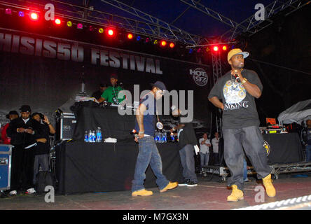 Rappers 50 Cent, Lloyd Banks and Tony Yayo of G-Unit performs at the This is 50 Festival at Governor's Island on October 3, 2009 in New York. Stock Photo