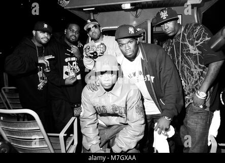 Rapper Royce Da 5'9, Crooked I, Lloyd Banks, Papoose, 50 Cent & Tony Yayo backstage portrait at the This is 50 Festival at Governor's Island on October 3, 2009 in New York. Stock Photo