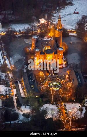 Aerial view, Bedburg-Hau, Lower Rhine, Moyland Castle, Christmas market, night shots, blue hour, Handwerker Christmas market, North Rhine-Westphalia,  Stock Photo