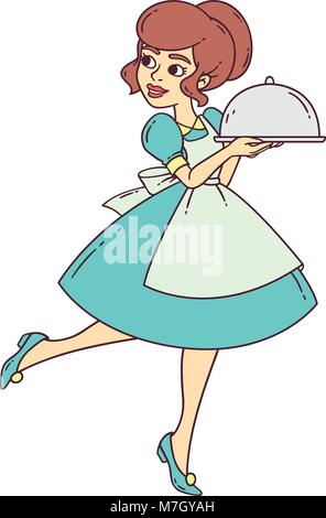 Beautiful waitress with tray. Housewife with tray. Vector isolated illustration on white background. Stock Vector