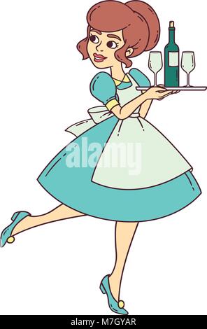 Beautiful waitress with tray, wine glass and bottle of wine. Housewife with tray. Vector isolated illustration on white background. Stock Vector