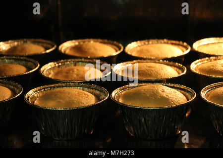 Dough in molds for muffins in the oven Stock Photo