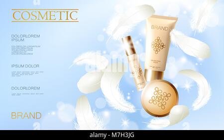 Realistic foundation powder. Tube spray, container golden cosmetic light background blue sunny sky spring white feather. 3d template mock up branding cosmetic makeup product vector illustration Stock Vector