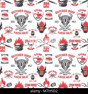 Seamless pattern with steak house symbols. Grill, bbq, fresh meat. Design element for poster, menu, flyer, banner, menu, package. Vector illustration Stock Vector