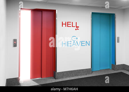 Front view of modern elevator with open and closed doors to the heaven and hell with arrow Stock Photo