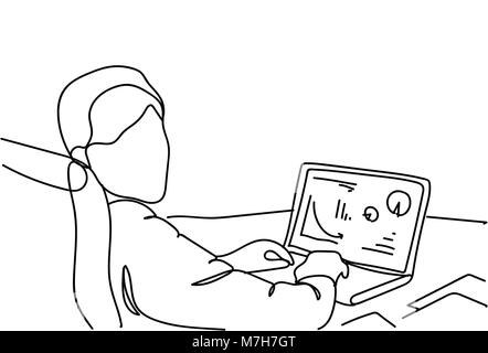 Doodle Business Man Working With Data On laptop Computer Charts And Graphs Statistics Report Concept Stock Vector