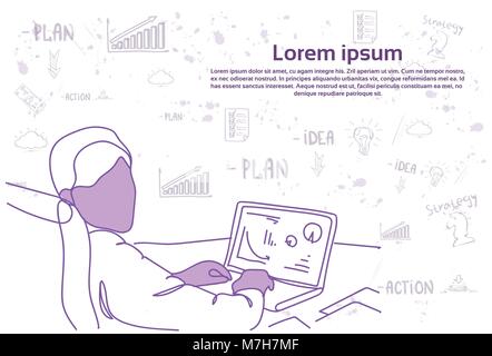 Business Man Working With Data On Laptop Computer Charts And Graphs Over Doodle Abstract Background Statistics Report Concept Stock Vector