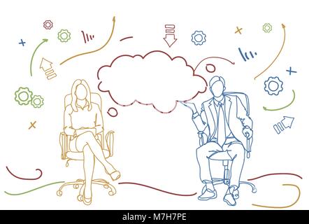 Doodle Business Man And Woman Sitting In Office Chair Thinking Or Having Rest Stock Vector