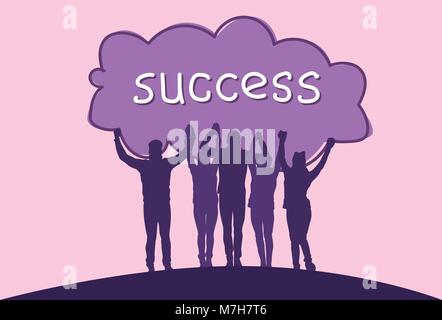 Success Concept Cheerful Group Of Business People Holding Raised Hands Happy Successful Team Silhouettes Stock Vector