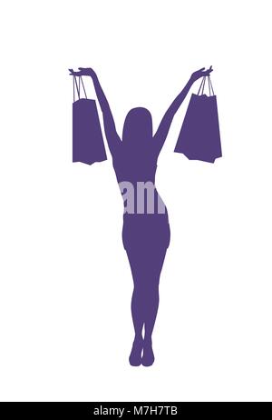 Happy Silhouette Woman Holding Shopping Bags Isolated Female Sales Concept Stock Vector