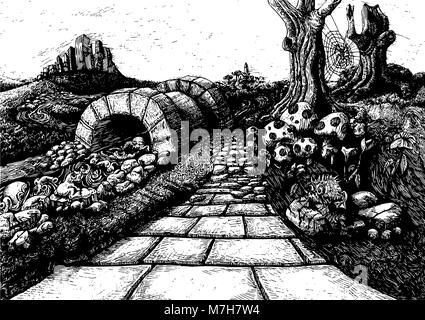 The route to no where. A fantasy fairy tale type black and white illustration depciting a road leading to a bridge with mushrooms and trees Stock Vector