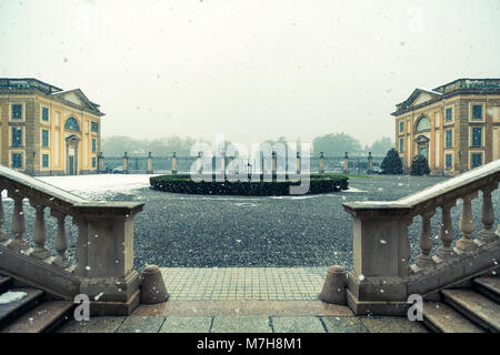 Late winter snowfall on the amazing Royal Villa of Monza, Italy Stock Photo
