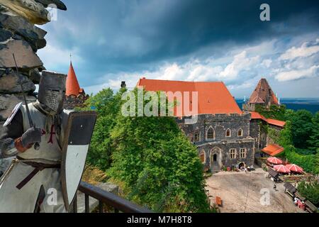 Medieval knight with Gothic-Renaissance style Grodziec castle in Lower Silesia, Poland Stock Photo