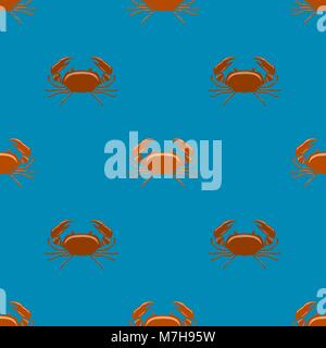 Boiled Red Crab with Giant Claws Seamless Pattern on Blue Background. Fresh Seafood Icon. Delicous Appetizer. Stock Vector