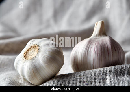 Close up composition of two garlic bulbs arranged on a cotton tablecloth, shallow depth of field, selective focus, macro. Heart deseases prevention. H Stock Photo