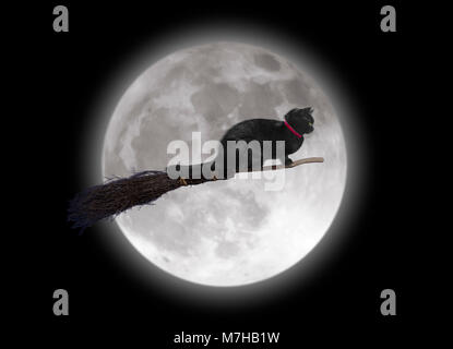 Black cat on a broomstick passing the full moon Stock Photo