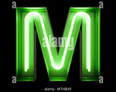 Neon green light alphabet character M font. Neon tube letters glow effect on black background. 3d rendering Stock Photo