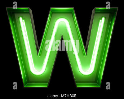 Neon green light alphabet character W font. Neon tube letters glow effect on black background. 3d rendering Stock Photo